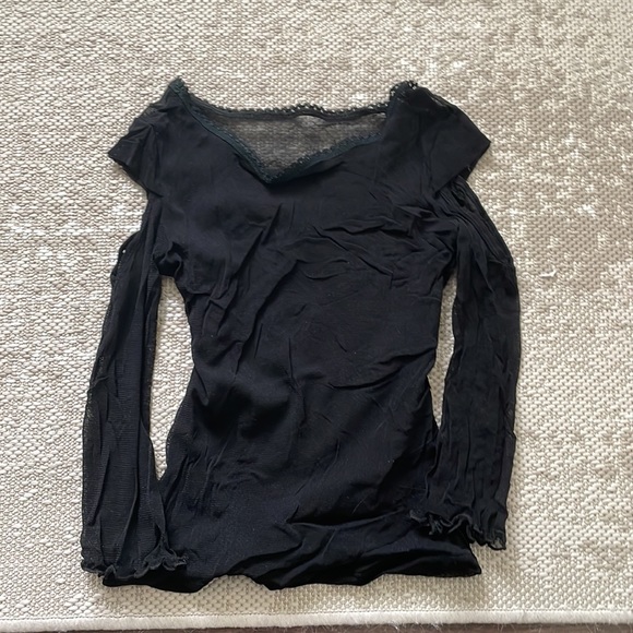 Laced Mesh Shoulder Cut Crop Top Long Sleeve Blouse See Through - Picture 2 of 5